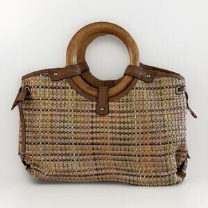 Vintage Fossil Womens Tote Handbag - Woven Wood Ring Handles 44” Strap